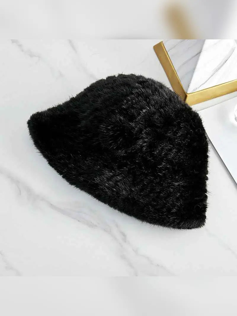 Chapeau cloche en fourrure de vison tissée pour femme avec fleur de camélia