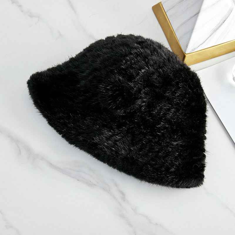Chapeau cloche en fourrure de vison tissée pour femme avec fleur de camélia