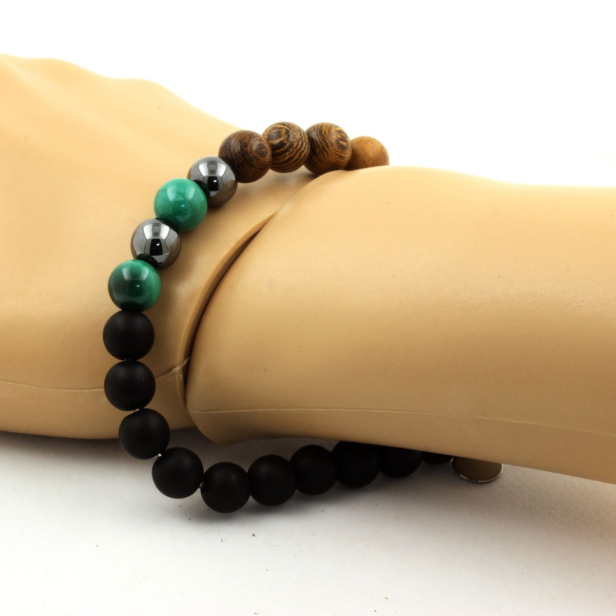 Pulsera de malaquita del Congo + hematita + ónice negro mate + cuentas de madera de 8 mm.