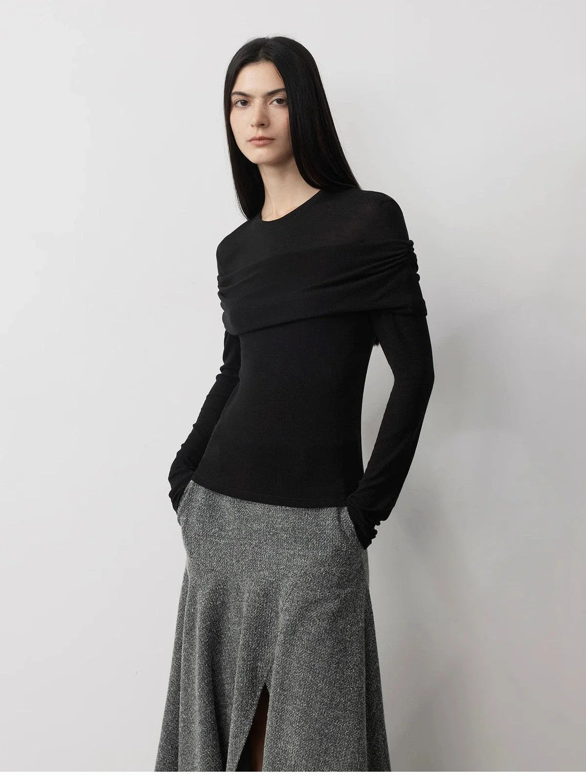Personalized Layered Tencel Wool Fake Two-Piece Splicing One-Shoulder Versatile Knitted Top"Modern Tricks"