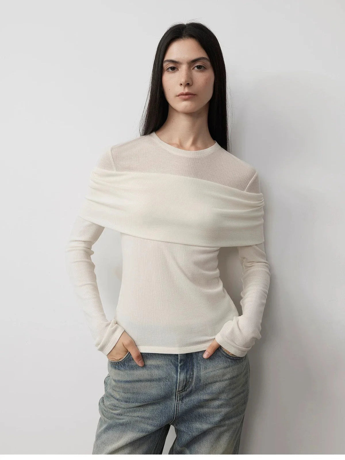 Personalized Layered Tencel Wool Fake Two-Piece Splicing One-Shoulder Versatile Knitted Top"Modern Tricks"