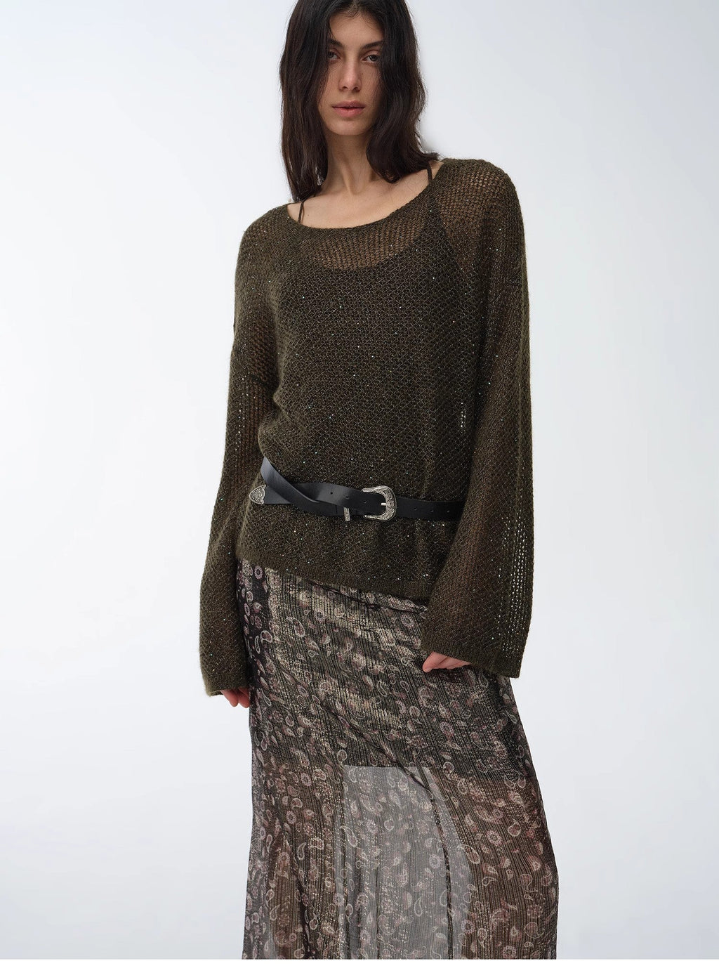Mohair Sequin Knit Blended Hollow Oversized Sweater Loose O-Neck Top Long Sleeve,"Sparkling Spring"