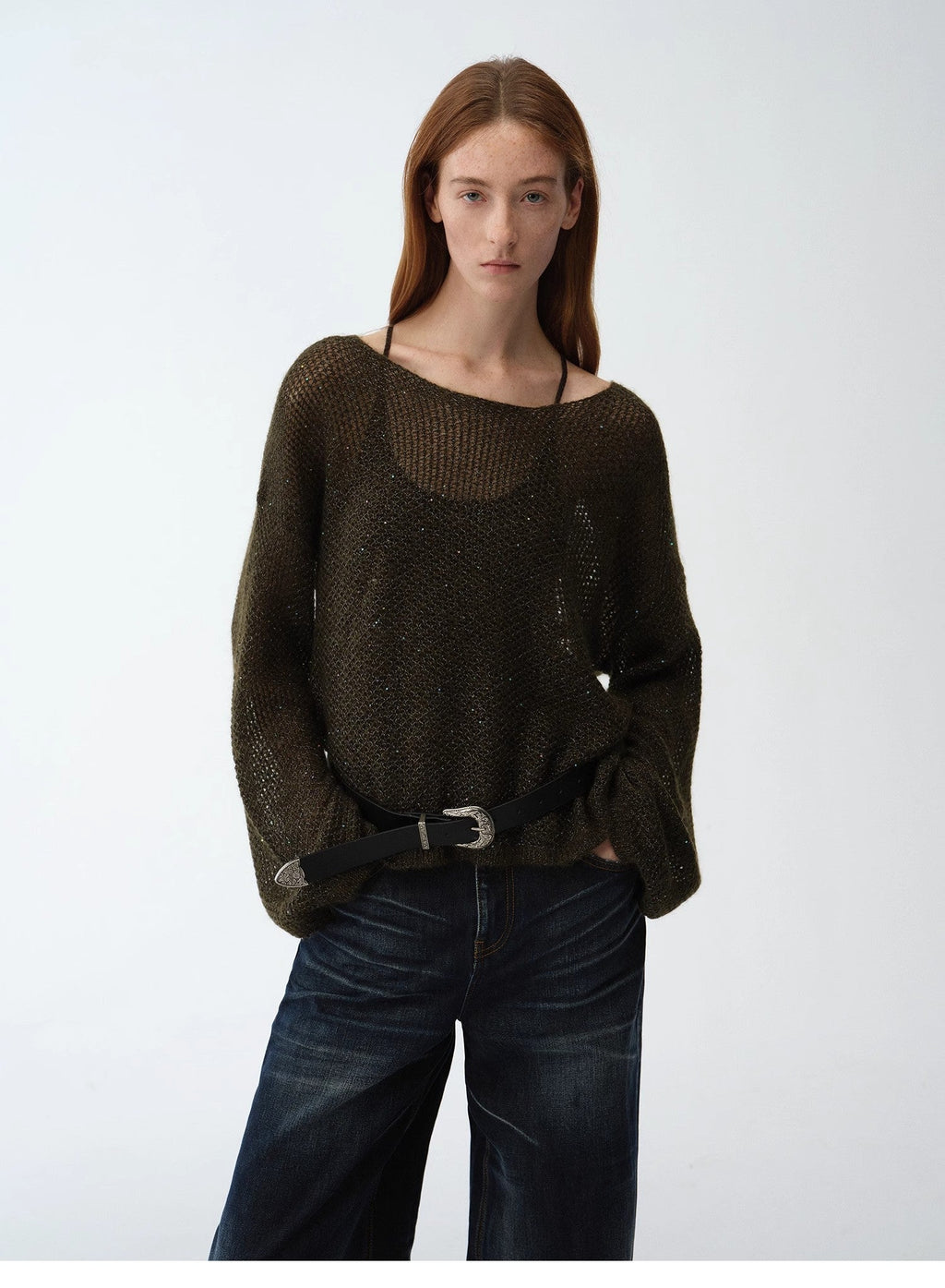Mohair Sequin Knit Blended Hollow Oversized Sweater Loose O-Neck Top Long Sleeve,"Sparkling Spring"