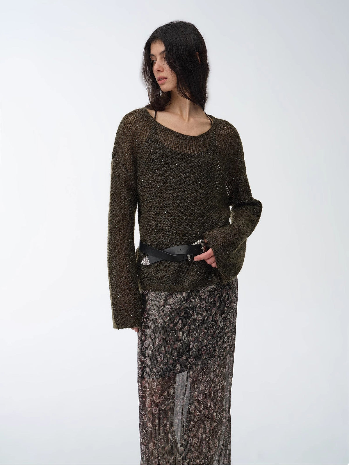 Mohair Sequin Knit Blended Hollow Oversized Sweater Loose O-Neck Top Long Sleeve,"Sparkling Spring"