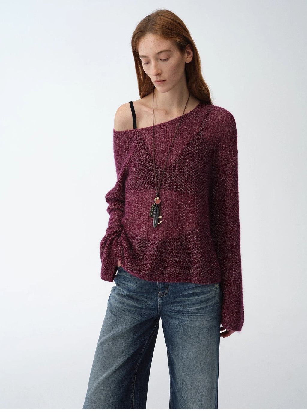 Mohair Sequin Knit Blended Hollow Oversized Sweater Loose O-Neck Top Long Sleeve,"Sparkling Spring"