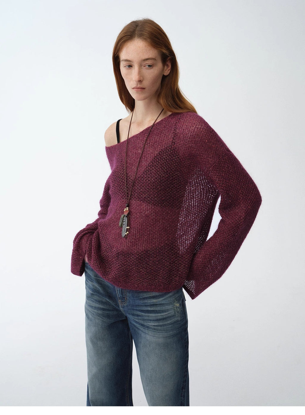 Mohair Sequin Knit Blended Hollow Oversized Sweater Loose O-Neck Top Long Sleeve,"Sparkling Spring"