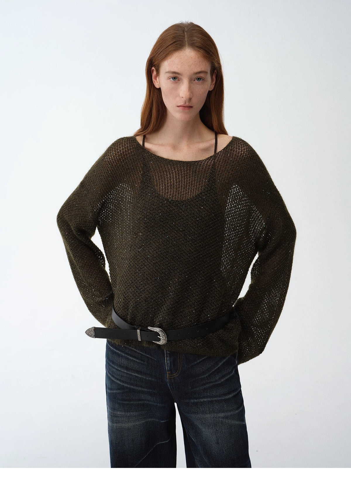 Mohair Sequin Knit Blended Hollow Oversized Sweater Loose O-Neck Top Long Sleeve,"Sparkling Spring"