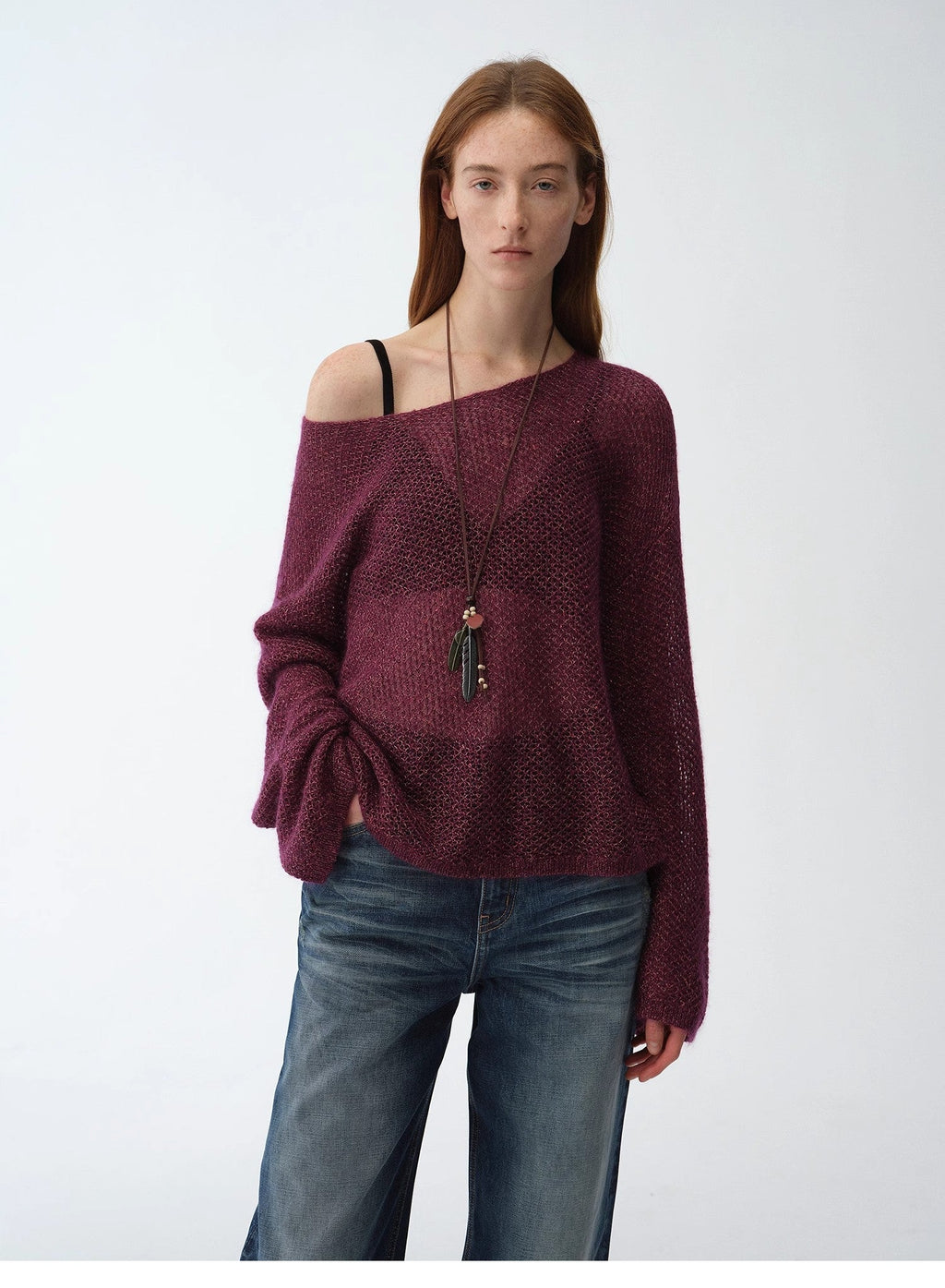 Mohair Sequin Knit Blended Hollow Oversized Sweater Loose O-Neck Top Long Sleeve,"Sparkling Spring"