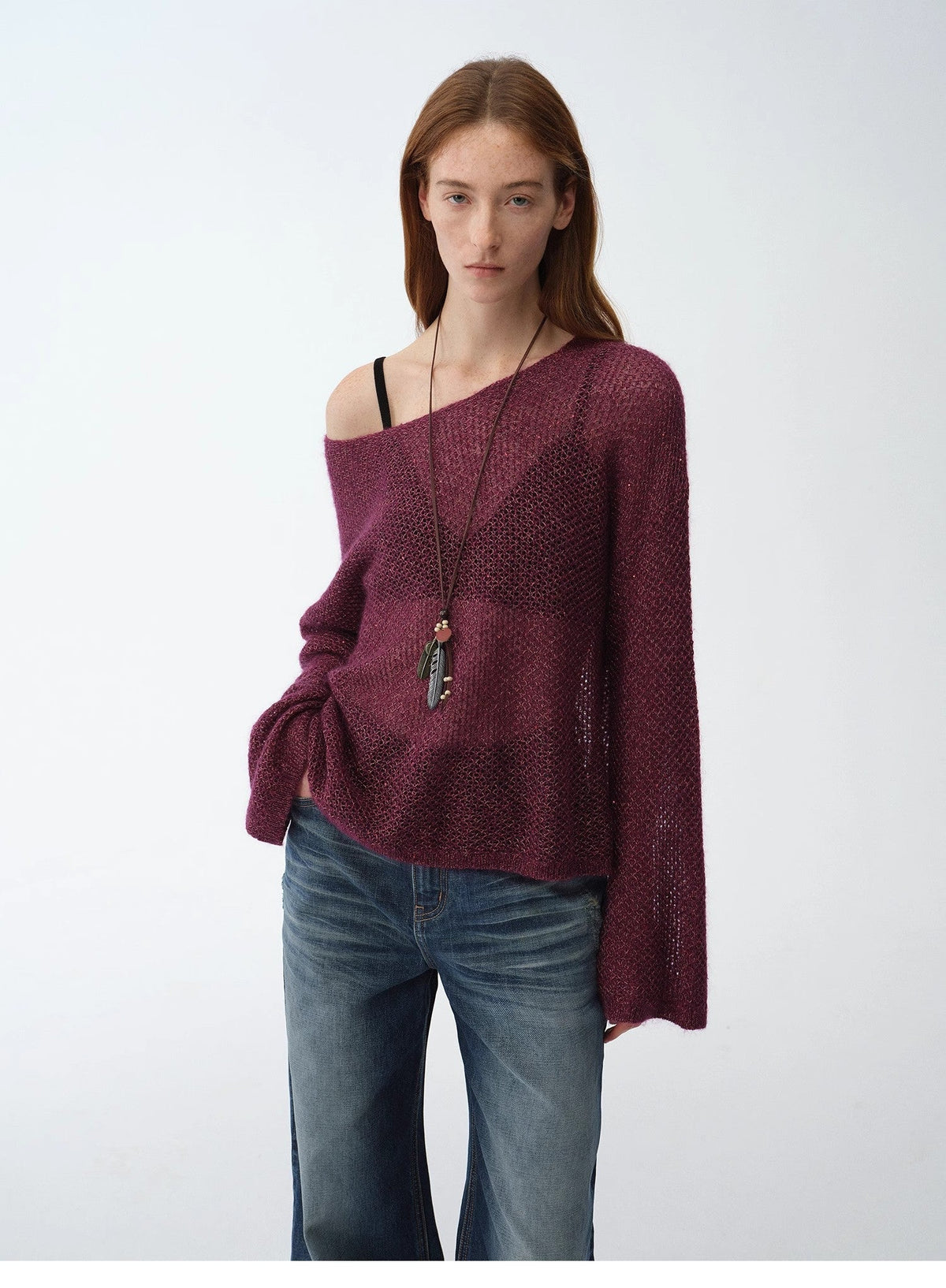 Mohair Sequin Knit Blended Hollow Oversized Sweater Loose O-Neck Top Long Sleeve,"Sparkling Spring"