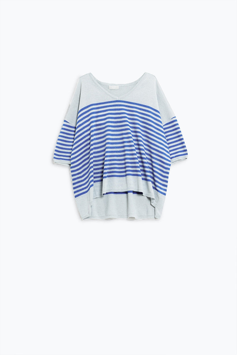 Oversized Grey Sweater With Blue Stripes and V-Neck