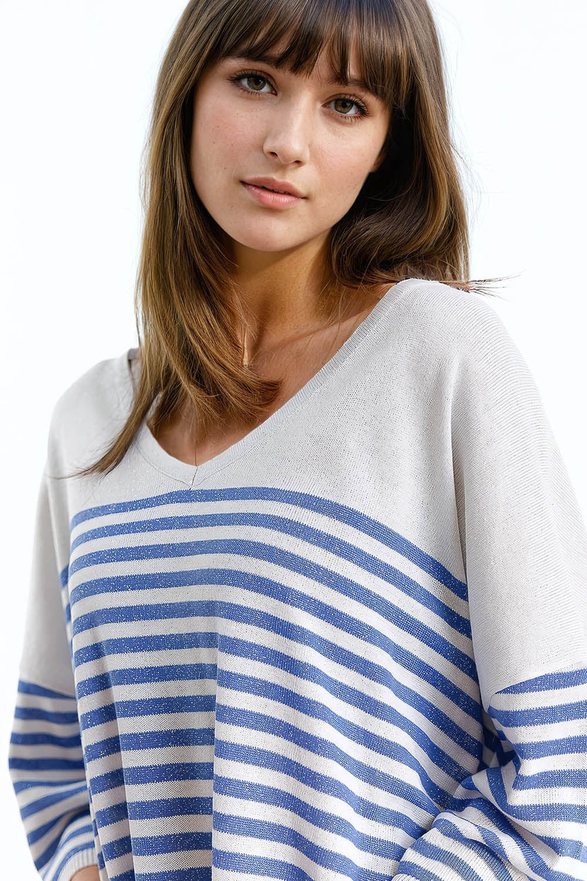 Oversized Grey Sweater With Blue Stripes and V-Neck
