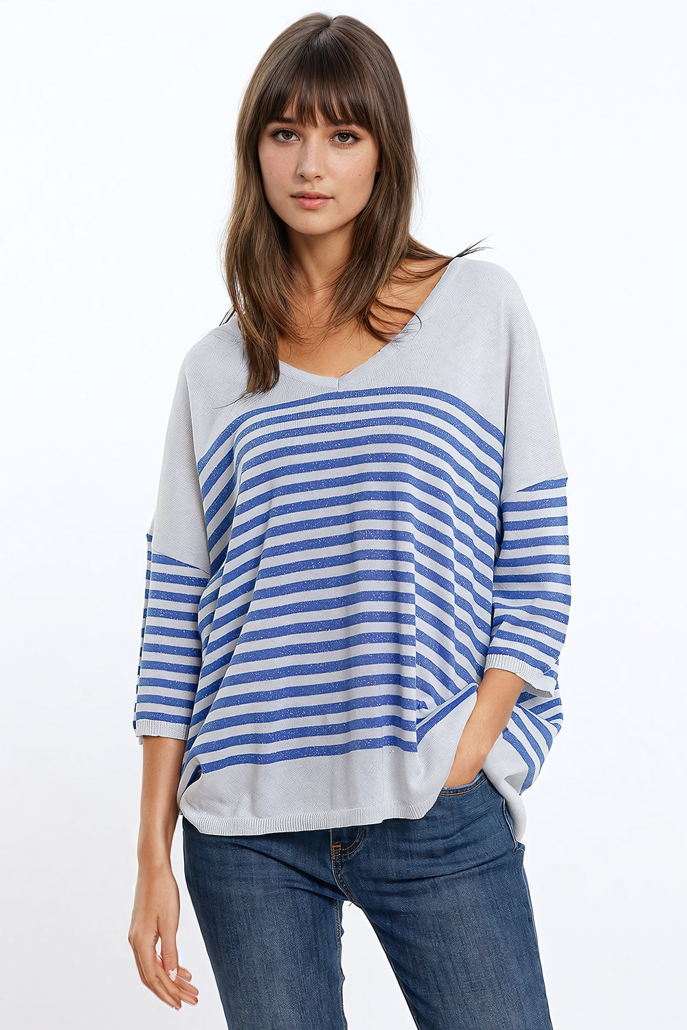 Oversized Grey Sweater With Blue Stripes and V-Neck