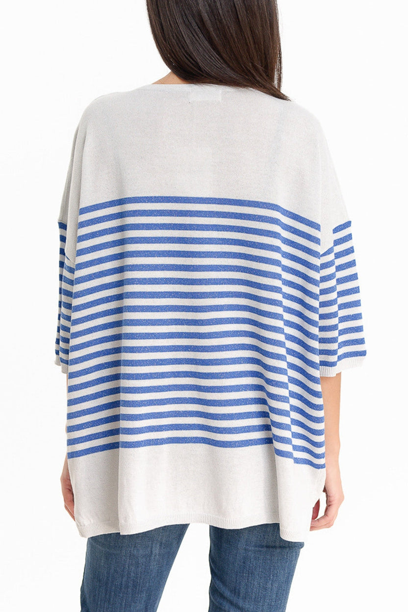Oversized Grey Sweater With Blue Stripes and V-Neck