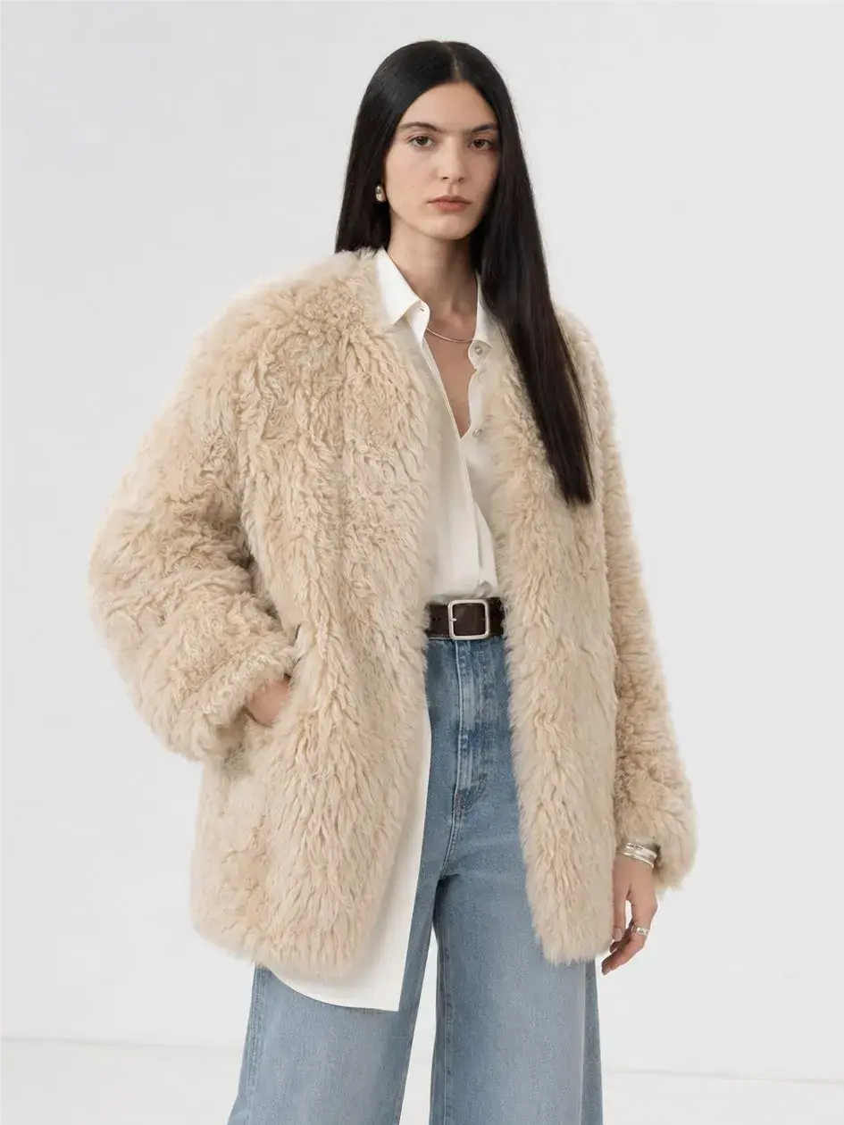 Fireladyfur Women's Tuscan Sheepskin Winter Coat“Peach Oolong”