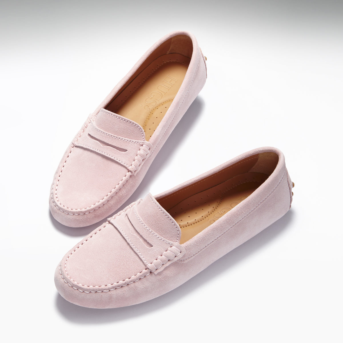 Damskie mokasyny typu penny loafers, zamszowe, pudrowy róż