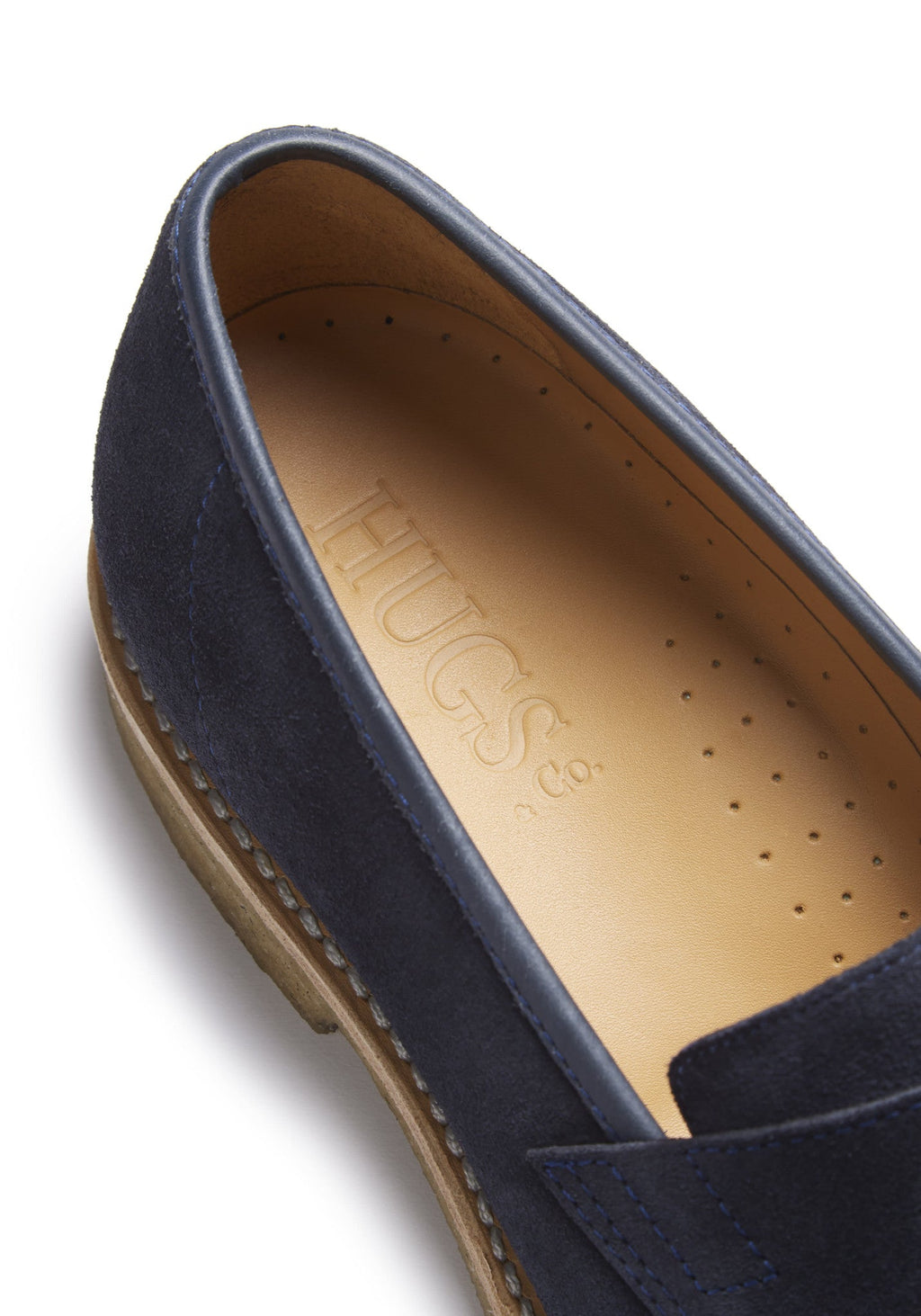 Mocasines de gamuza azul, suela ribeteada de caucho crepé