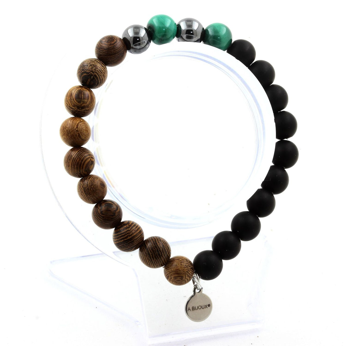 Pulsera de malaquita del Congo + hematita + ónice negro mate + cuentas de madera de 8 mm.