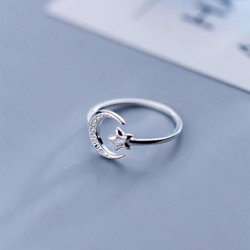 Anillo ajustable de plata de ley con luna y estrella