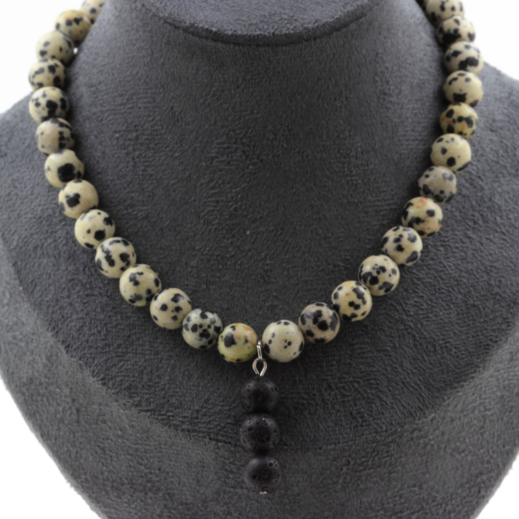 Necklace with Dalmatian Jasper beads 8 mm + 3 Lava beads 8 mm, stainless steel chain