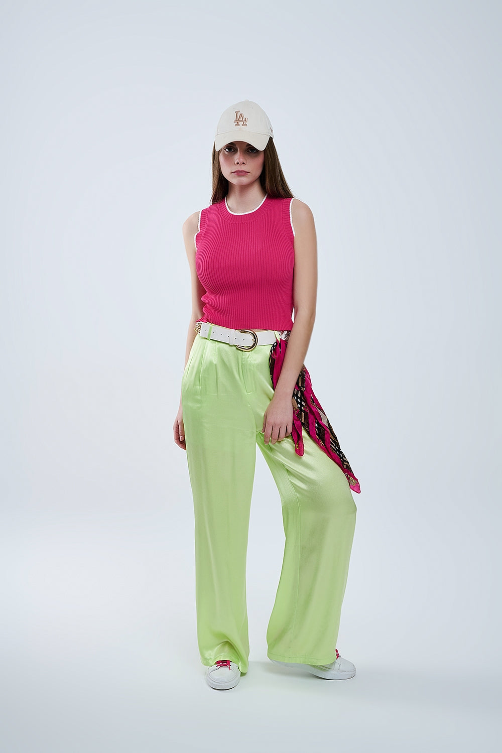 Raspberry Pink Fitted Tank Top With White Trim