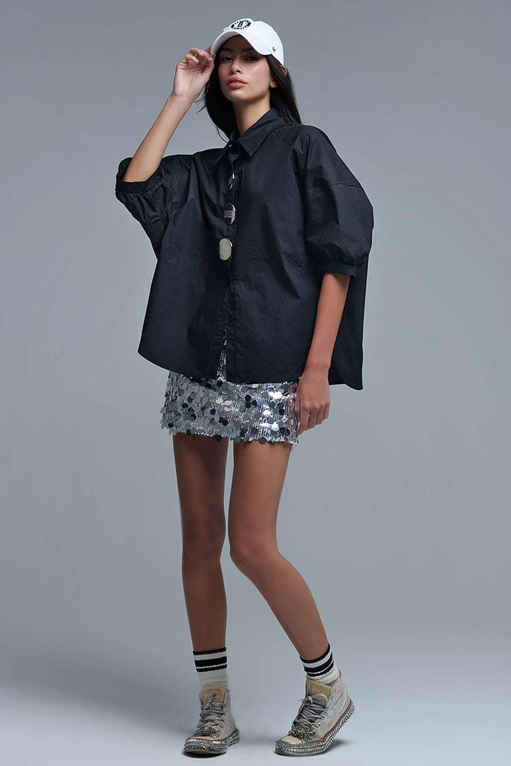Relaxed 3/4 Sleeve Poplin Shirt With Button Detail in Black