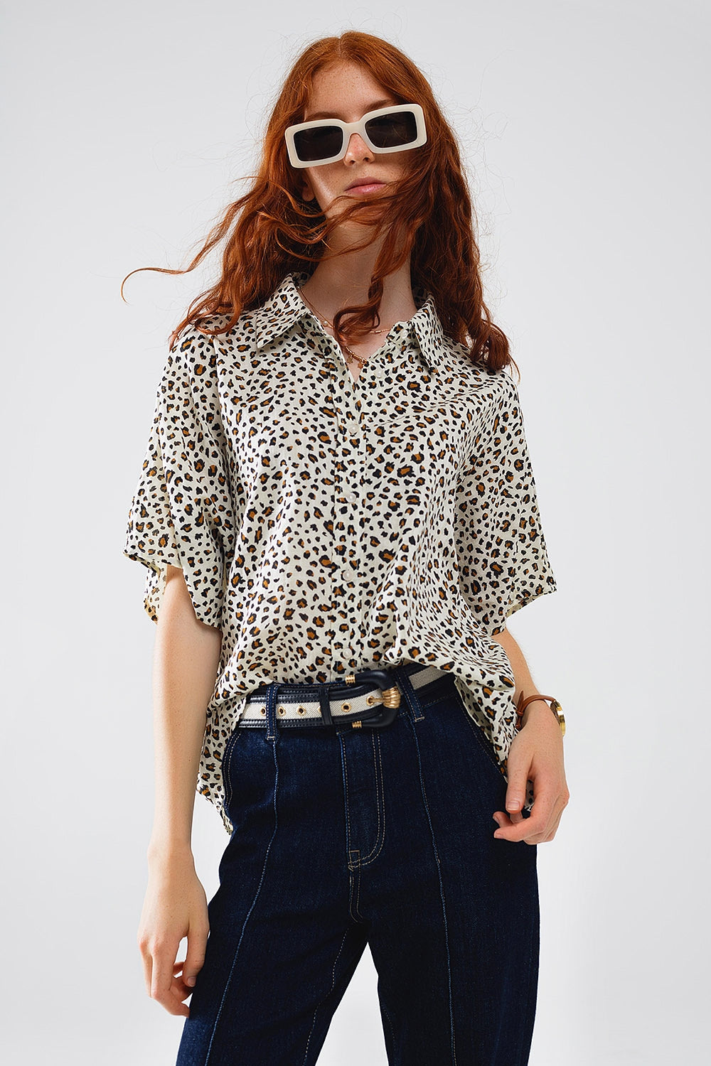 Relaxed Oversized Leopard Print Short Sleeves Shirt