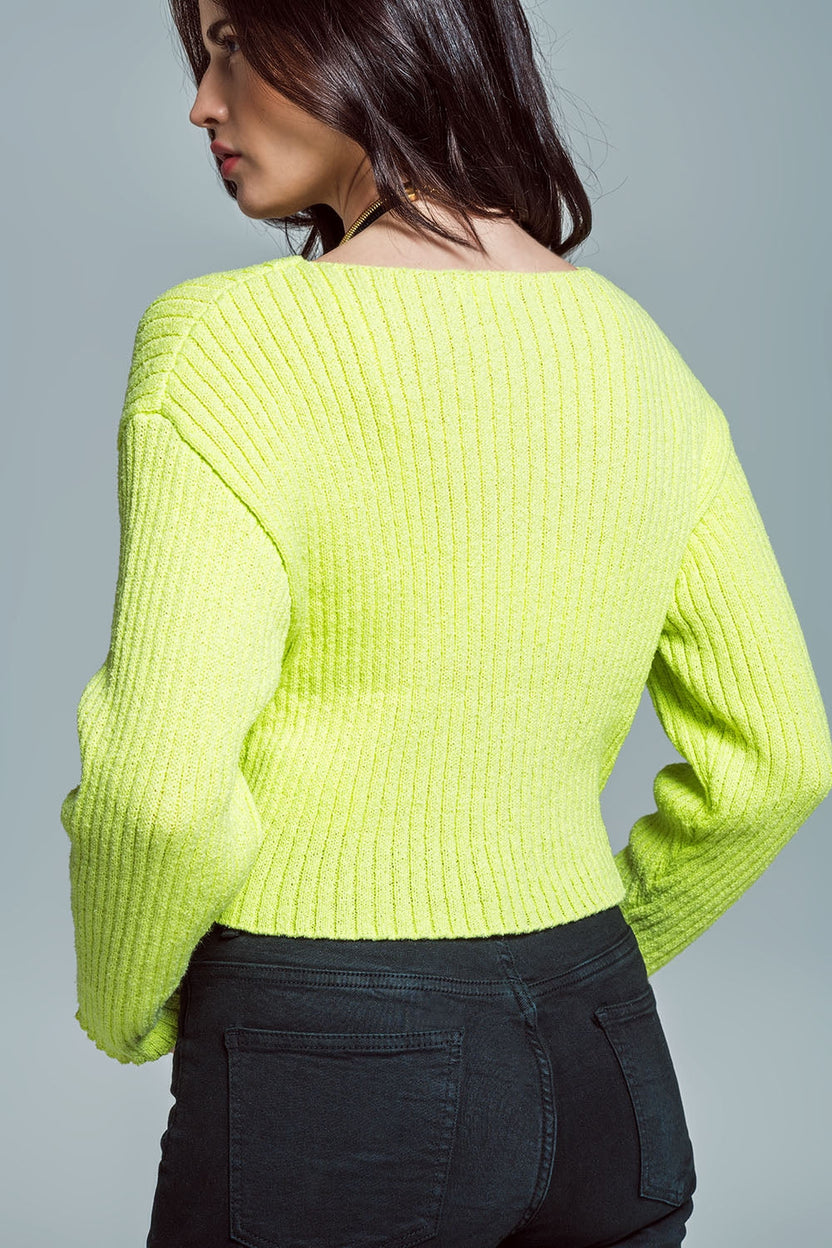 Sweter o luźnym kroju z prążkowanej dzianiny z dekoltem typu łódka w kolorze limonkowym