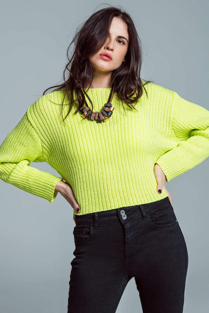 Sweter o luźnym kroju z prążkowanej dzianiny z dekoltem typu łódka w kolorze limonkowym
