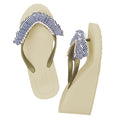 Rockaway Stripe - Marine Blue and White Rhine Stone Embellished Women's High Wedge Flip Flops Sandal