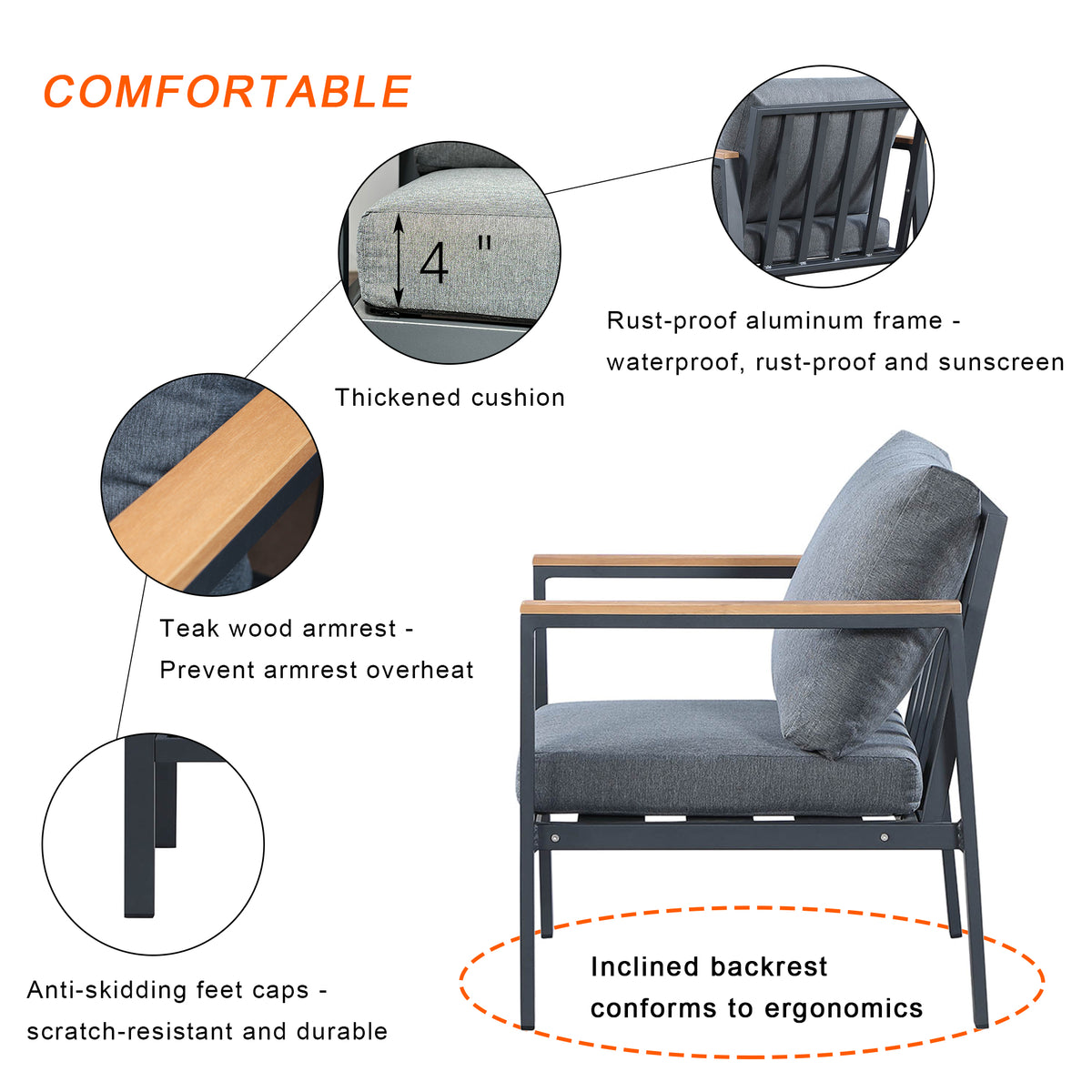 HIGOLD Rossio Outdoor 4 Piece Sectional Sofa,Matte Charcoal Aluminum Frame,Teak Finished