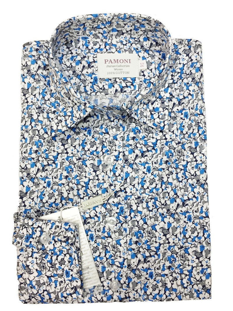 Blue & White Floral Print Fitted Shirt