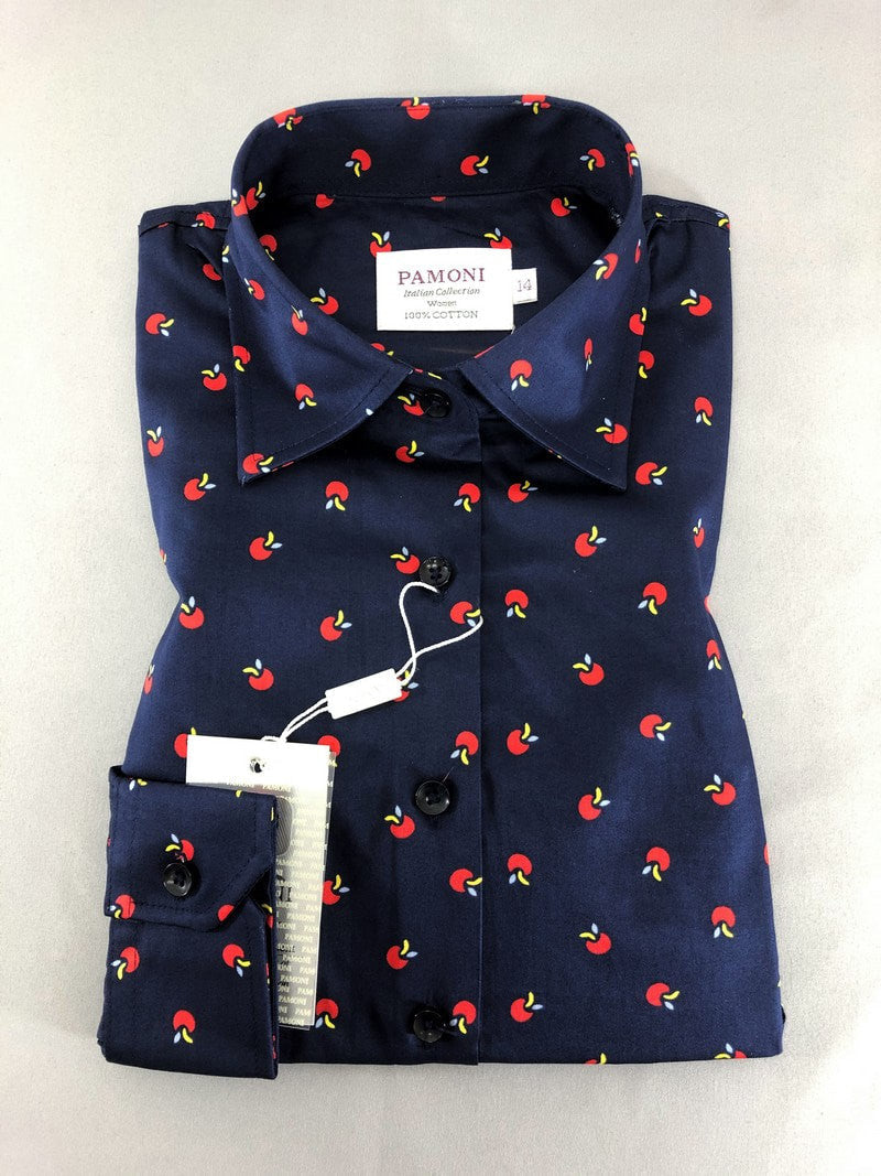Navy Apple Print Fitted Shirt