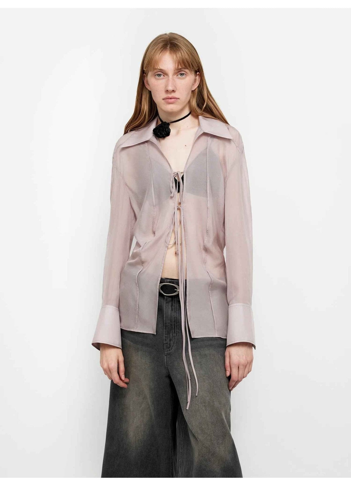 Silk Chiffon Light and Hazy Feeling Cool Drape Lace-Up Sun Protection Shirt Summer "Hazy Moonlight"