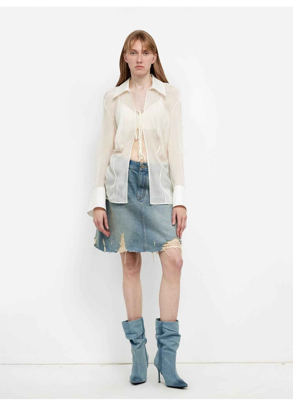 Silk Chiffon Light and Hazy Feeling Cool Drape Lace-Up Sun Protection Shirt Summer "Hazy Moonlight"