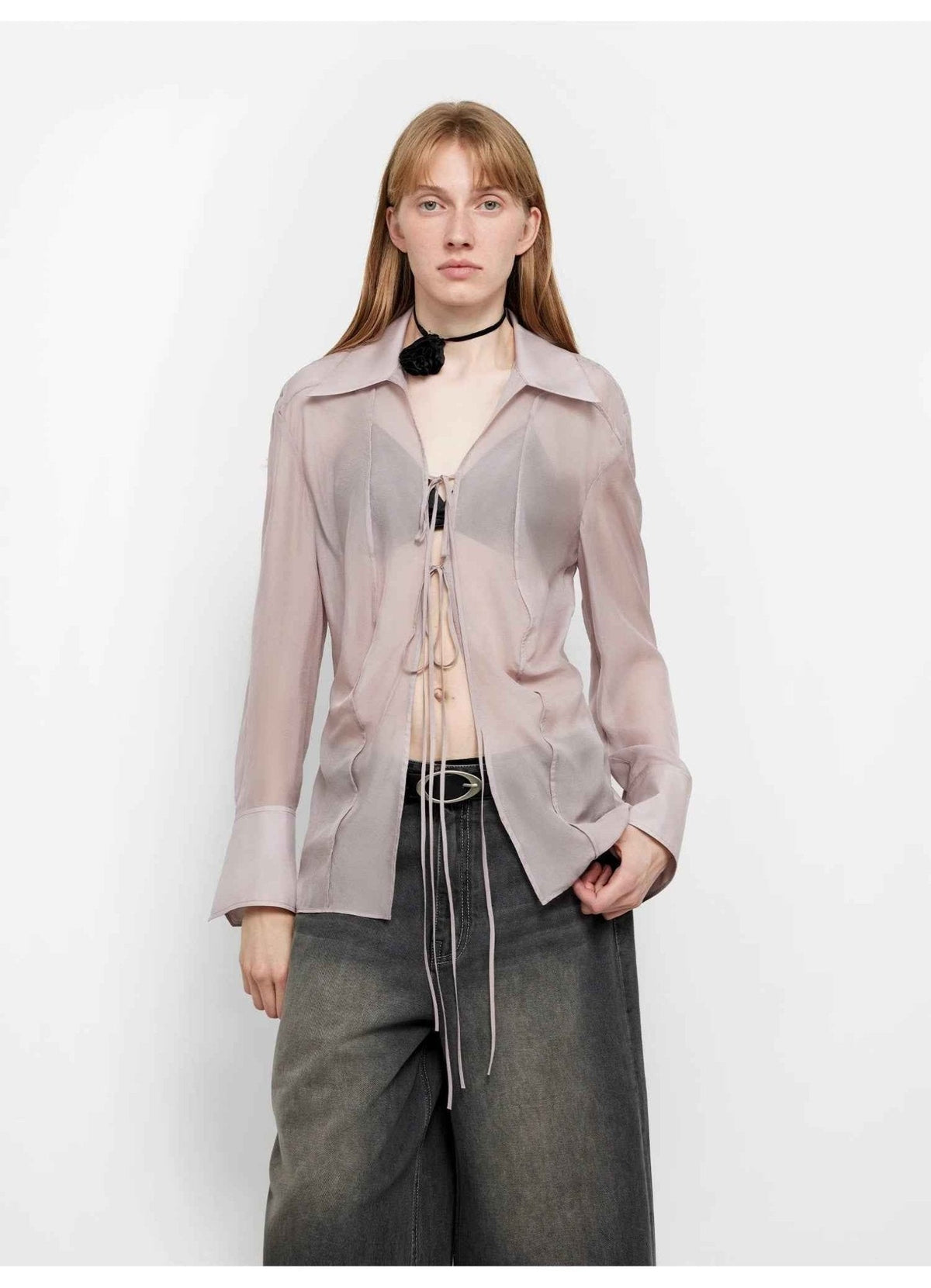Silk Chiffon Light and Hazy Feeling Cool Drape Lace-Up Sun Protection Shirt Summer "Hazy Moonlight"