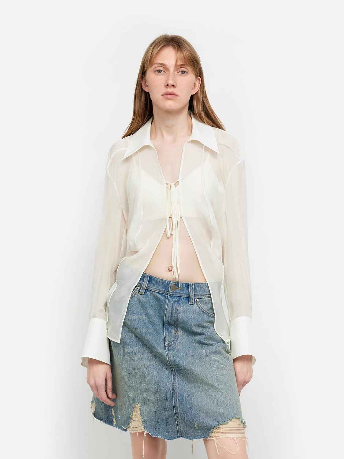 Silk Chiffon Light and Hazy Feeling Cool Drape Lace-Up Sun Protection Shirt Summer "Hazy Moonlight"