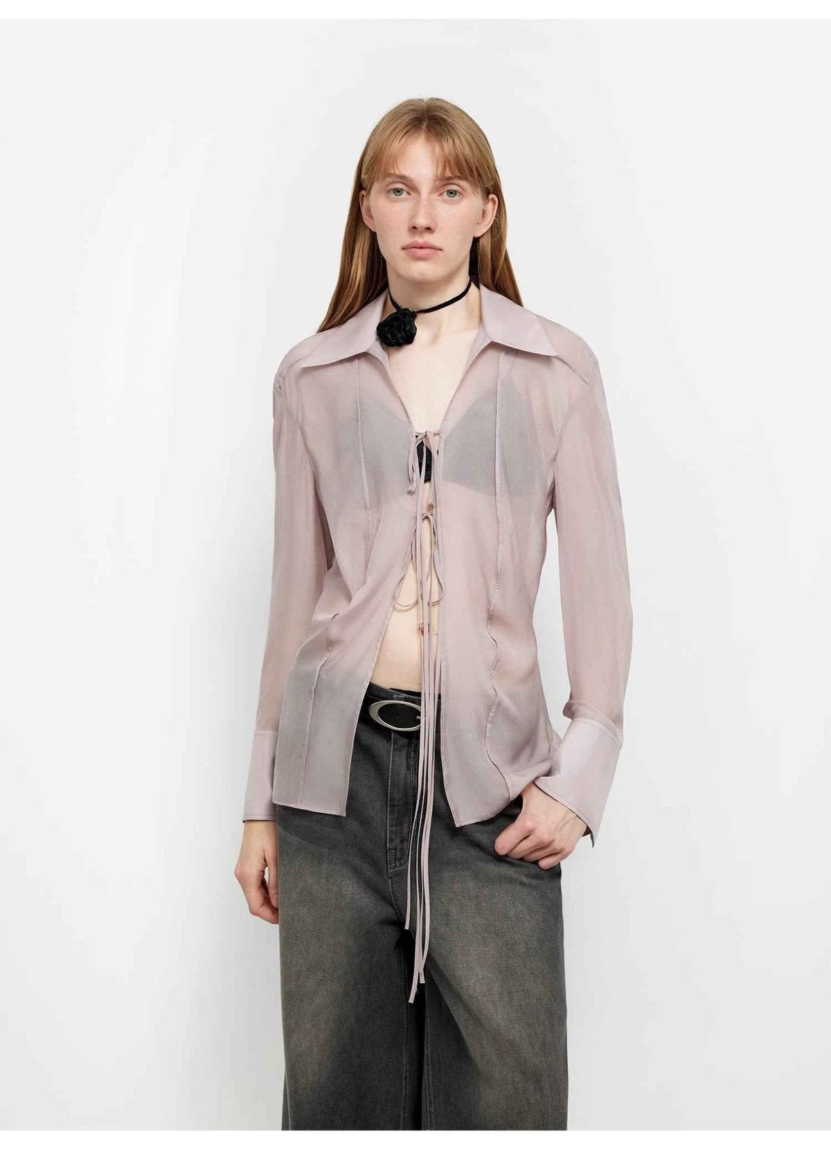 Silk Chiffon Light and Hazy Feeling Cool Drape Lace-Up Sun Protection Shirt Summer "Hazy Moonlight"
