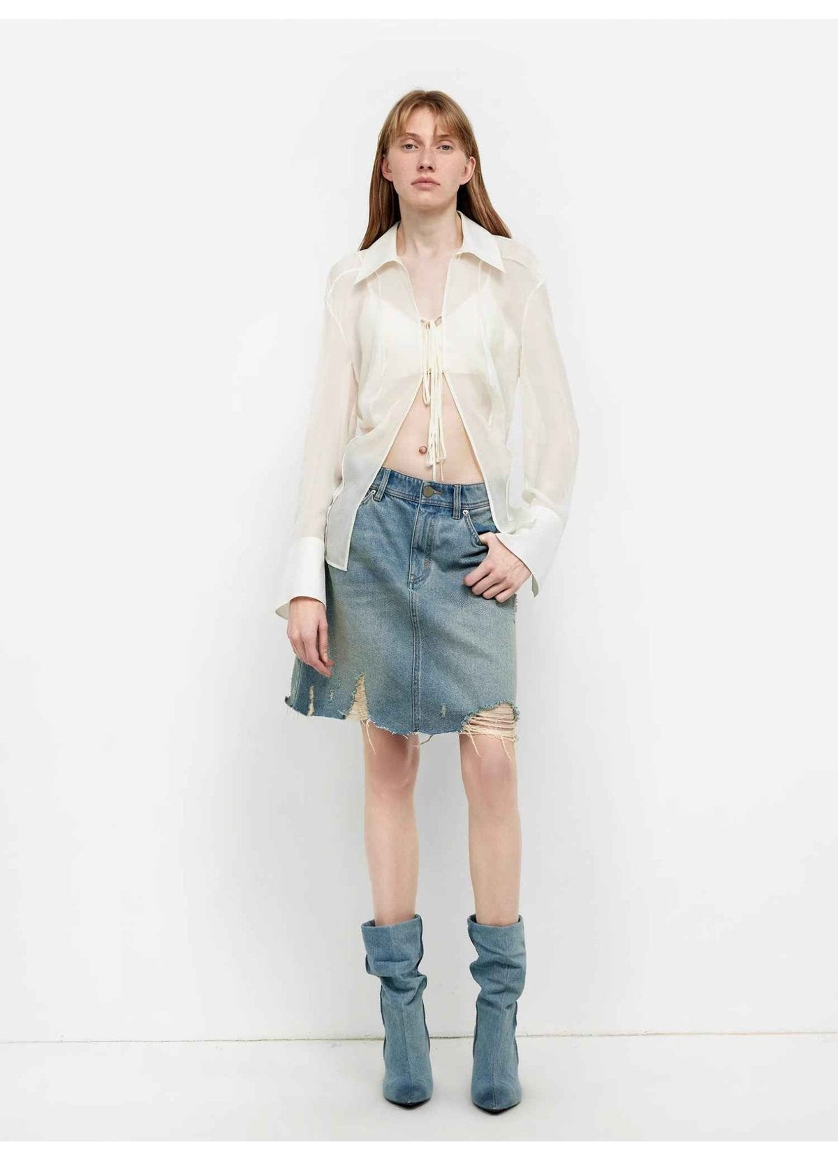 Silk Chiffon Light and Hazy Feeling Cool Drape Lace-Up Sun Protection Shirt Summer "Hazy Moonlight"