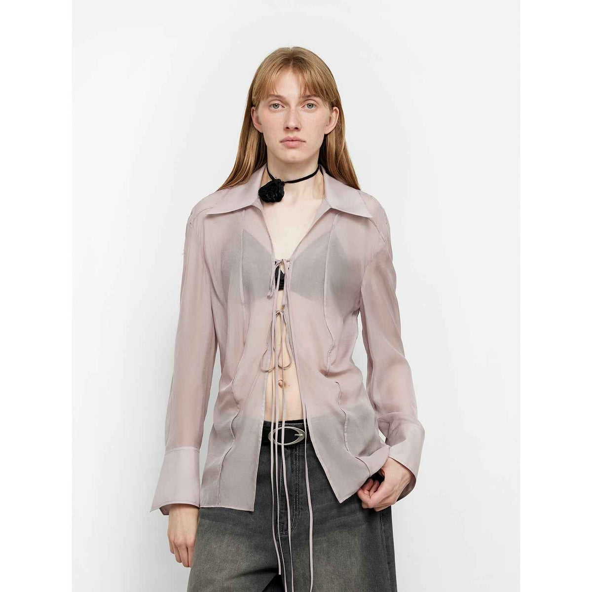 Silk Chiffon Light and Hazy Feeling Cool Drape Lace-Up Sun Protection Shirt Summer "Hazy Moonlight"