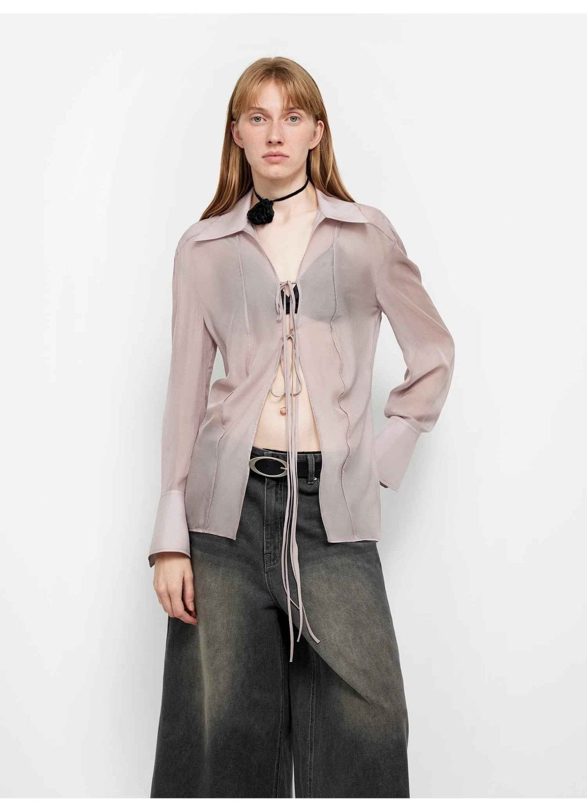 Silk Chiffon Light and Hazy Feeling Cool Drape Lace-Up Sun Protection Shirt Summer "Hazy Moonlight"