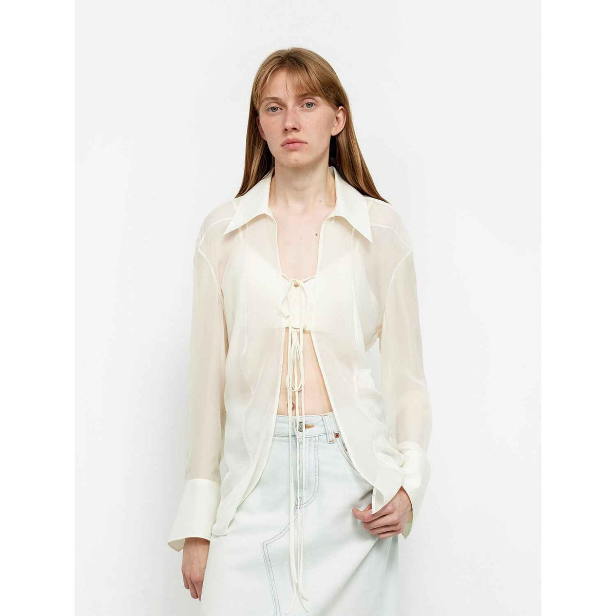 Silk Chiffon Light and Hazy Feeling Cool Drape Lace-Up Sun Protection Shirt Summer "Hazy Moonlight"