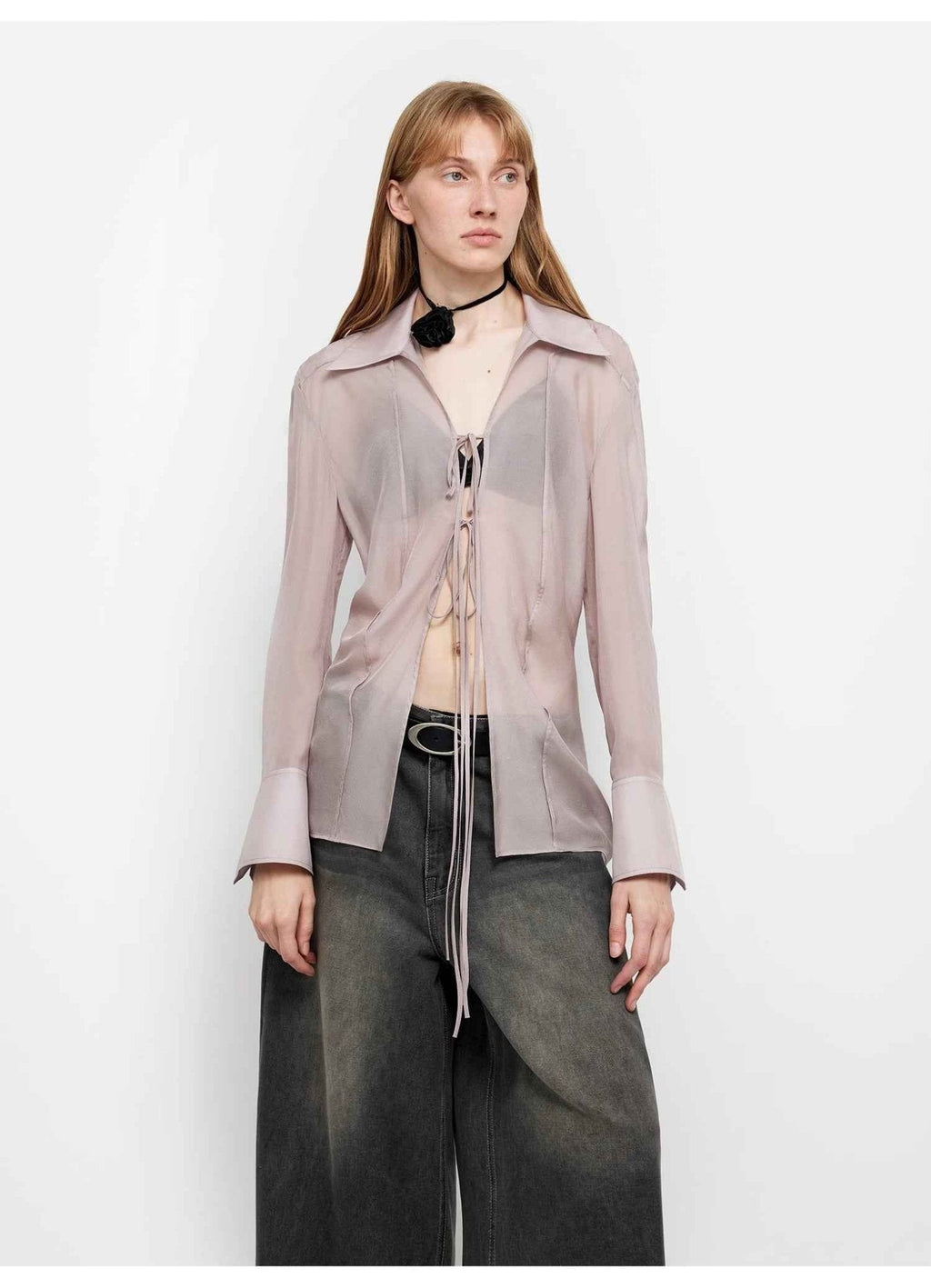 Silk Chiffon Light and Hazy Feeling Cool Drape Lace-Up Sun Protection Shirt Summer "Hazy Moonlight"