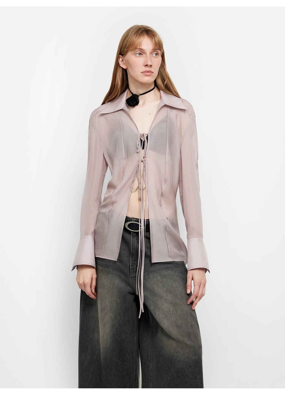 Silk Chiffon Light and Hazy Feeling Cool Drape Lace-Up Sun Protection Shirt Summer "Hazy Moonlight"