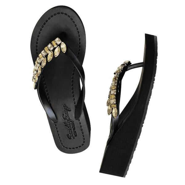 Smith - Gold Leaves Rhinestone Mid Wedge Flip Flops