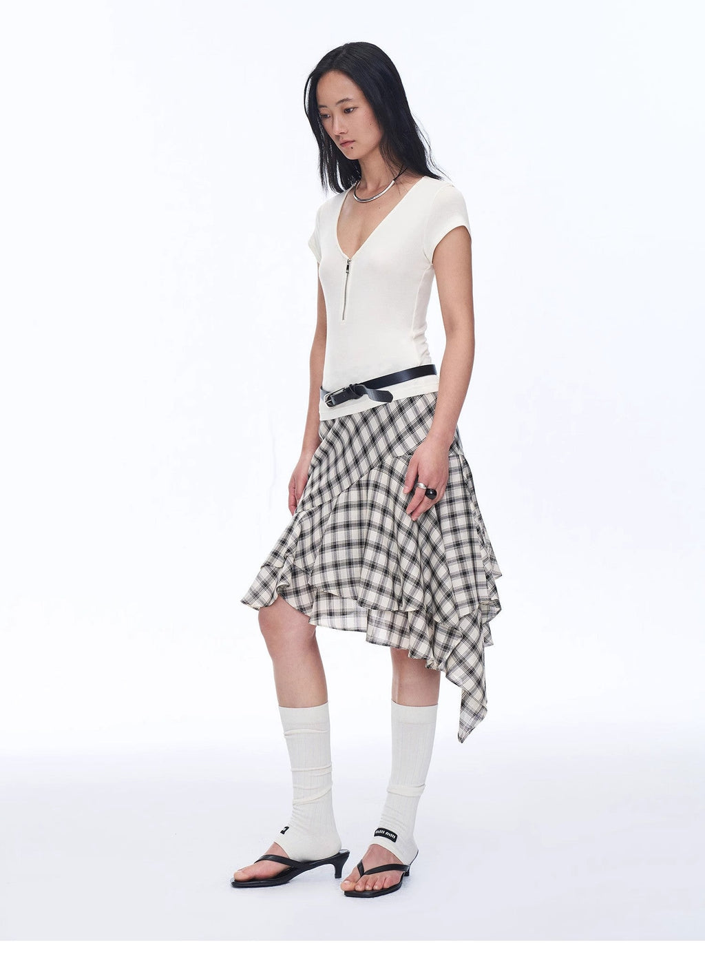 Tencel Acetate Plaid Irregular A-Line Skirt"Full-Level Ballet"