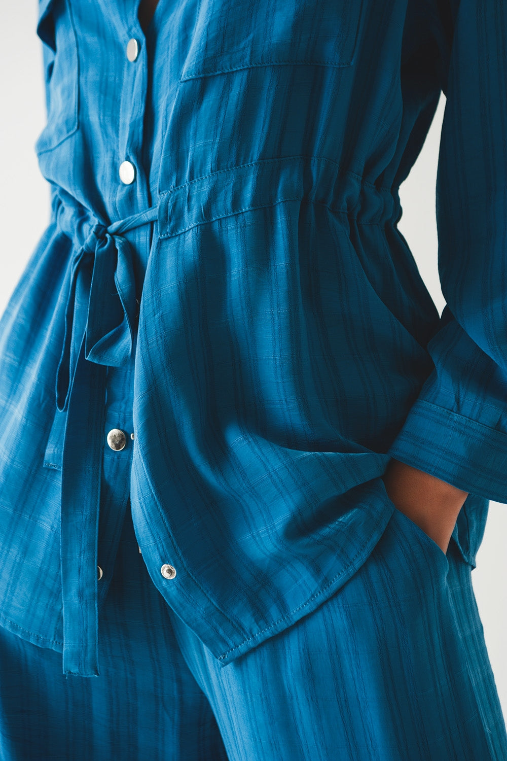 Tie Waist Long Sleeve Shirt in Blue