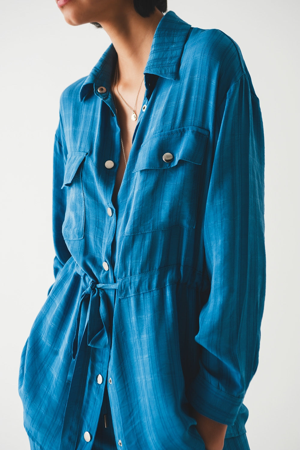 Tie Waist Long Sleeve Shirt in Blue