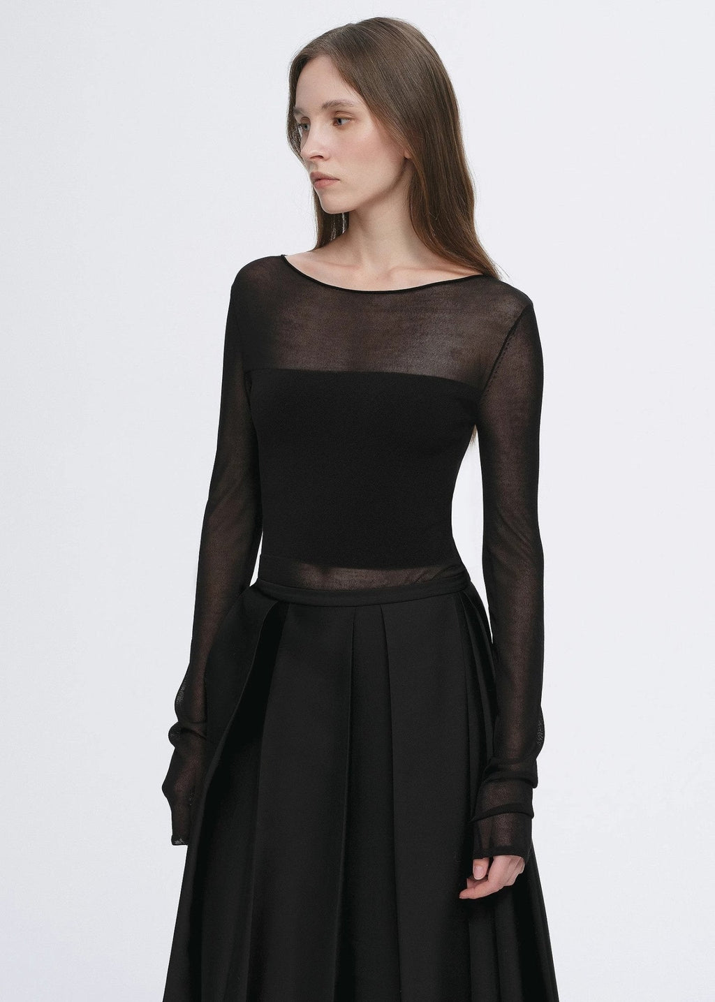 Transparentes Patchwork-Langarmshirt aus Acetat-Tencel-Mix, schmal geschnitten für Damen