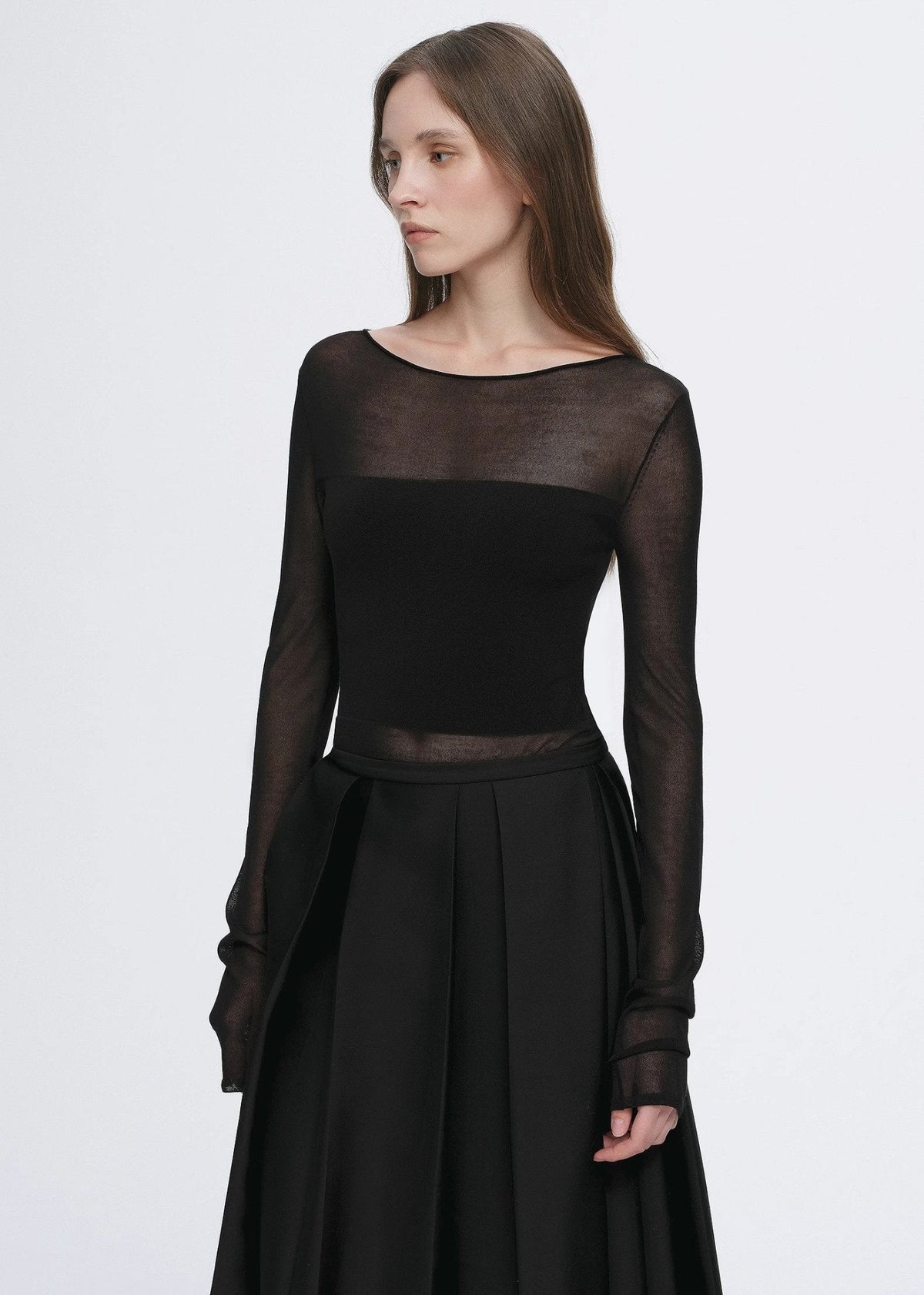 Transparentes Patchwork-Langarmshirt aus Acetat-Tencel-Mix, schmal geschnitten für Damen