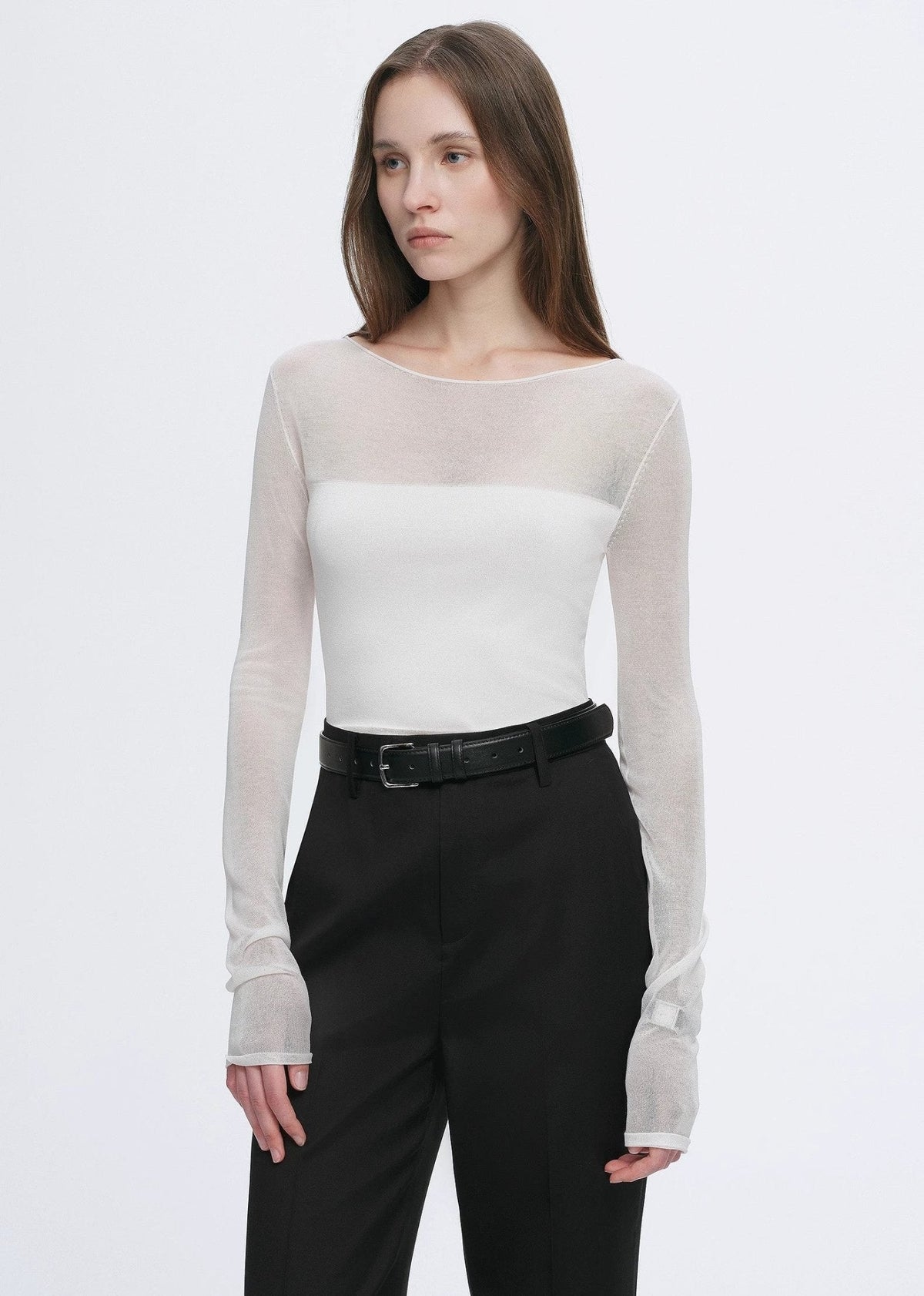 Transparentes Patchwork-Langarmshirt aus Acetat-Tencel-Mix, schmal geschnitten für Damen